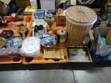 LAUNDRY BASKET, BLUE TEA POT SET, COFFEE POT DECORATIVE BOWLS, URN, FIGURINES, CASSEROLE PANS & MISC