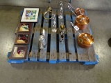 ART PIECES, CANDLE HOLDERS, ALL-CLAD POTS, HORN & TEA SET