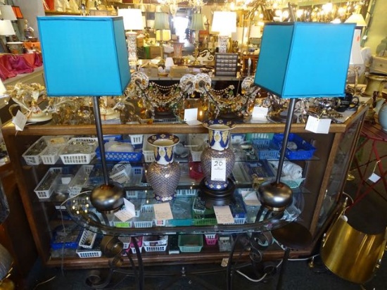 JOHN RICHARD PEWTER CANDLE STICK LAMPS (X2)  RETAIL $420