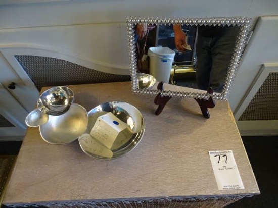 MIRROR W/CRYSTAL, PEARL & SILVER BOWLS (X2)  RETAIL $125