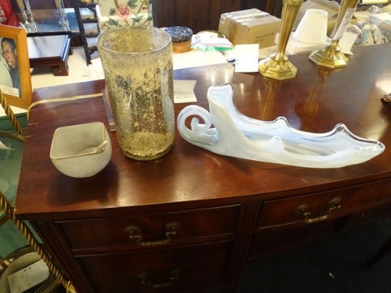 MERCURY GLASS VASE, CANDY DISH & ASIAN BOWL (X7)  RETAIL $55