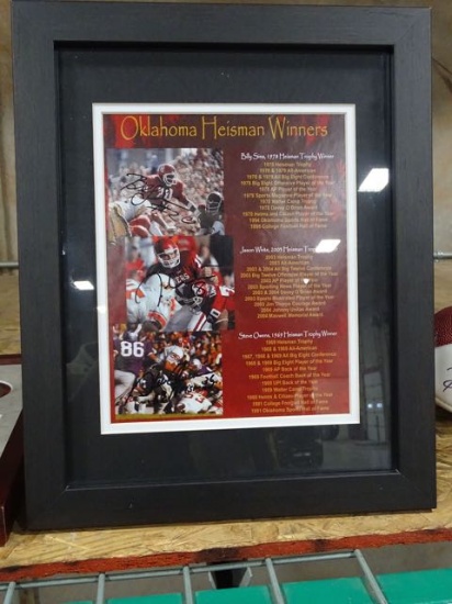 OKLAHOMA HEISMAN WINNERS SIGNED BY BILLY SIMS, JASON WHITE & STEVE OWENS, PHOTO IN FRANCE