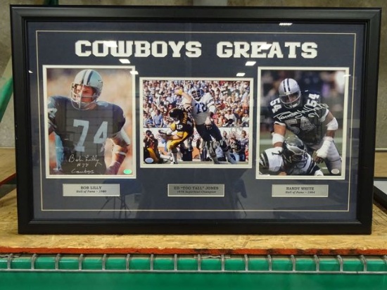 COWBOY GREATS PHOTOS SIGNED BY BOB LILLY, ED “ TOO TALL” JONES & RANDY WHITE IN A FRAME
