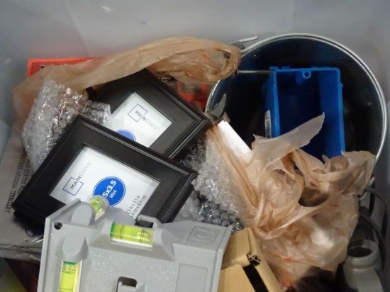 TUB W/1/4” X 25’ AIR HOSE, CB RADIO, 2.5” X 3.5” PICTURE FRAMES, ELECTRICAL OUTLET BOX & MISC