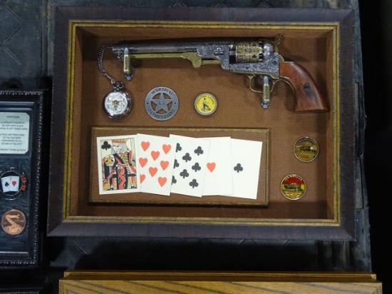 MARSHAL TOMBSTONE REPLICA REVOLVER W/CARDS & COINS IN DISPLAY CASE