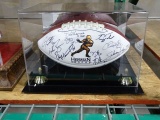HEISMAN TROPHY FOOTBALL WITH MULTIPLE SIGNATURES IN A CASE