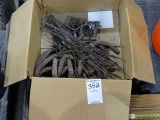 BOX OF HORSE SHOES, BARB WIRE & SPURS