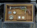 WYATT EARP REPLICA REVOLVER W/COINS IN DISPLAY CASE