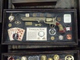 WYATT EARP LAW MAKER & GAMBLER REPLICA REVOLVER PEACE MAKER W/BADGES & COINS IN A DISPLAY CASE