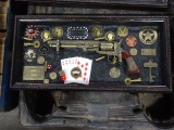 WYATT EARP LAW MAKER & GAMBLER REPLICA REVOLVER PEACE MAKER W/COINS & KEYS IN A DISPLAY CASE