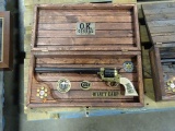 WYATT EARP REPLICA  LONG BARREL REVOLVER PEACEMAKER W/US MARSHAL BADGES IN WOOD BOX