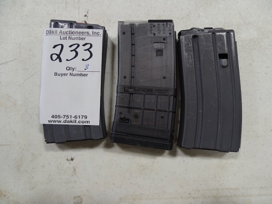 1-LANCER, 1- BFI, 1- C PRODUCTS AR 15 MAGAZINES 20 ROUND (X3)  . 223 OR 5.56