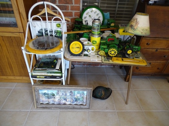 JOHN DEERE COLLECTABLES W/TABLE & SHELF