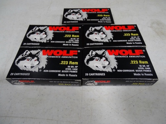 WOLF PERFORMANCE AMMUNITION .223 REM 55GR HP STEEL CASE NON CORROSIVE BOXER PRIMED 20/BOX (X5)