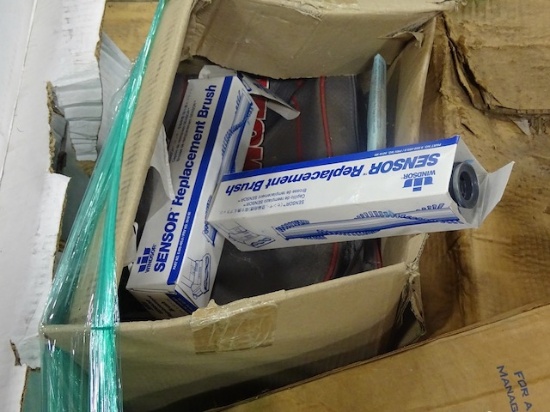 PALLET OF LED OFFICE LIGHT FIXTURES, BANKER BOXES, VACUUM BAGS & PARTS & HANGERS