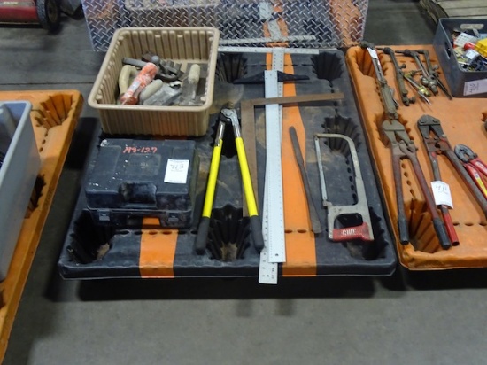 PALLET W/T SQUARES, LIMB CUTTER, HAND SAW, CAULKING GUN, GROUT & TILE TROWLES