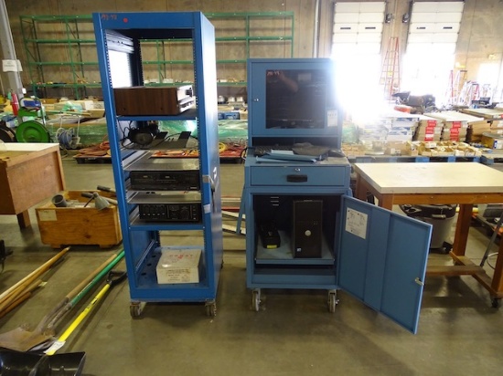DELL OPTIPLEX 360 TOWER W/SCREEN ON CHECKOUT CART, AUDIO EQUIPMENT ON TOWER STAND