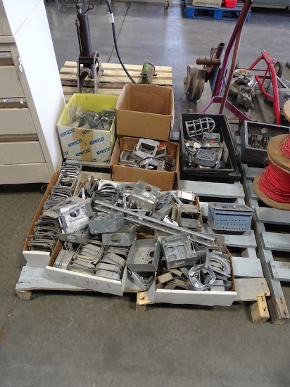 PALLET W/ELECTRICAL BOXES W/METAL STUD BRACKETS, LIGHT SWITCHES & MISC