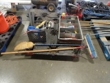 BROOMS, FOAM GUNS, TOOLBIN W/TOOLS & MISC