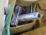 PALLET OF LED OFFICE LIGHT FIXTURES, BANKER BOXES, VACUUM BAGS & PARTS & HANGERS