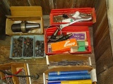 WOOD CRATE W/DRILL BITS, BOTTLE PIN CUTTERS, SCRAPPERS, LIGHT, CNC/LATHE MACHINE TOOLING & MISC
