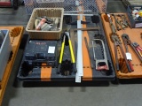 PALLET W/T SQUARES, LIMB CUTTER, HAND SAW, CAULKING GUN, GROUT & TILE TROWLES