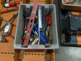 TUB W/GREESE GUNS, LARGE ROLL OF ELECTRICAL TAPE, LEVEL, PIPE CUTTER & MISC