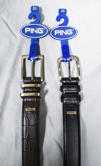 Two Ping men's belts, both 36", 1 brown snake pattern, 1 black smooth