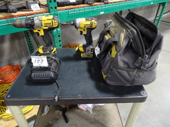 DEWALT 18V DRILL/HAMMER DRILL, IMPACT DRIVER W/BATTERIES, 1-CHARGER & BAG