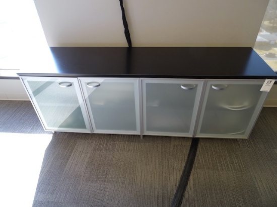 MEDIA CABINET W/FROSTED GLASS & GLASS END TABLE 20”X75”X30”
