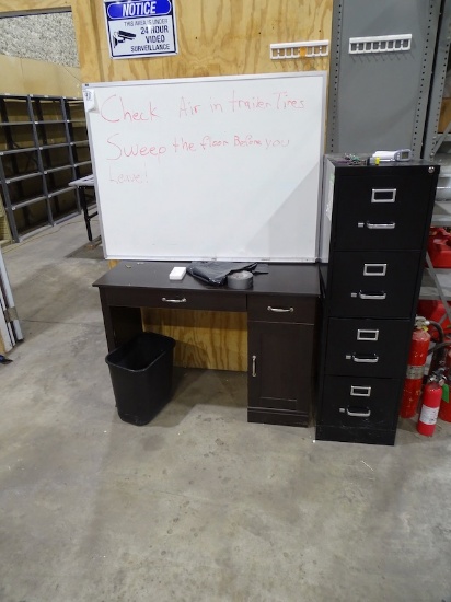 DESK, DRY ERASE BOARD & FILE CABINET X1