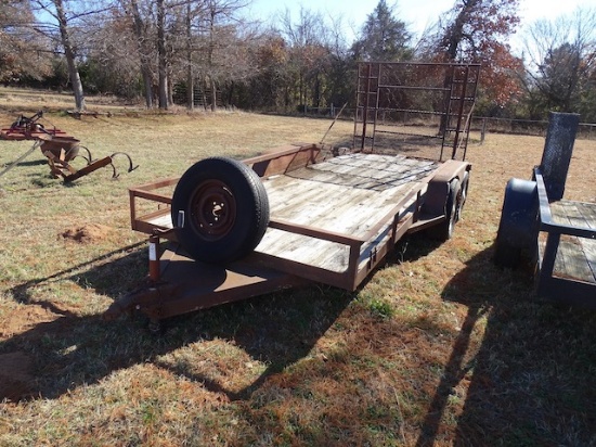 16’X76” TANDEM AXLE TRAILER W/FOLD DOWN GATE, SPARE TIRE & BULLDOG HITCH