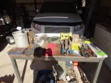 MISC TOOLS ON TABLE, PORTABLE AIR COMPRESSOR, WHEEL PULLER’S, FLARING TOOL INCLUDING TABLE X1