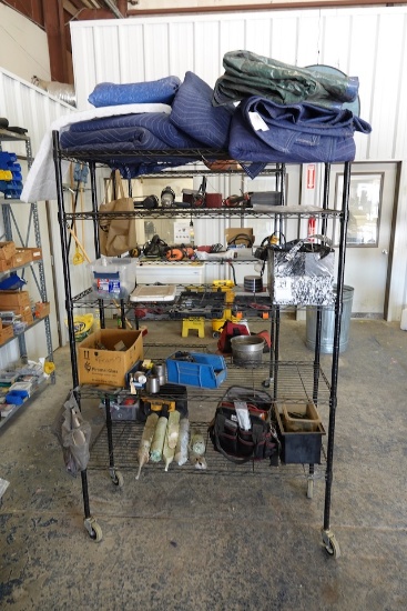 CONTENTS OF SHELF INCLUDING MOVING BLANKETS, TOOL BAG, HINGES & MISC