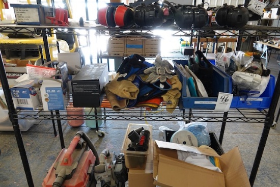 CONTENTS OF SHELF INCLUDING GLOVES, HEATED SOCKS, MASKS, ETC