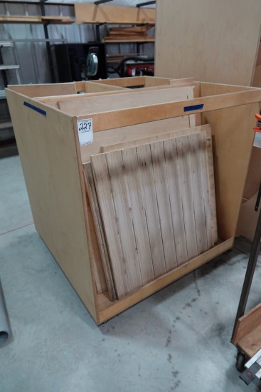 WOOD RACK W/CASTERS & CONTENTS