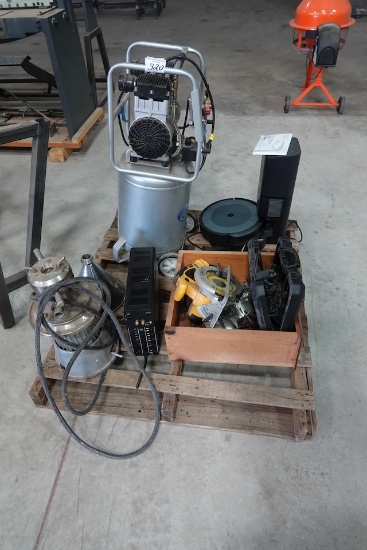 PALLET OF MISC TOOLS, AIR COMPRESSOR & DEWALT SAW (NEEDS HELP)
