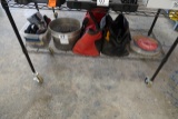 CONTENTS OF SHELF INCLUDING SAW BLADES, TOOL BAGS, BRUSHES & STEEL BALLS