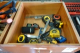 BOX OF MEASURING TAPES & ADJUSTABLE SQUARES