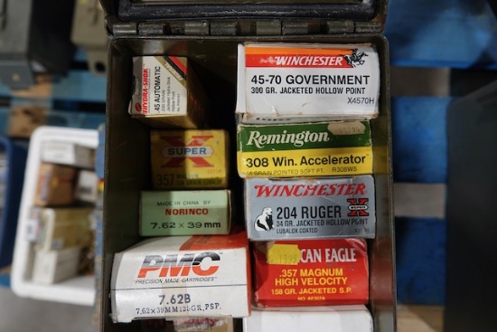 AMMO CAN W/PARITAL BOXES 45-70, 308 WIN, 204 RUGER, 357 MAG, .223 REM, 8MM 5.7X28MM, 454 & 45 AUTO