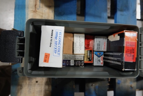 AMMO CAN W/PARITAL BOXES 45 LONG COLT, 45 AUTO 308 WIN, 22 LR, 40 S&W & 8MM