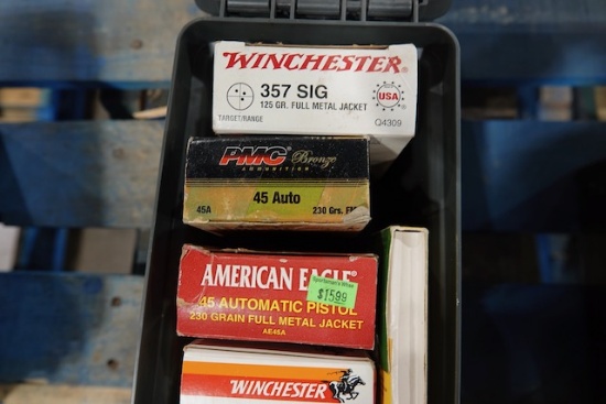 AMMO CAN W/PARITAL BOXES 357 SIG, 45 AUTO, 308 WIN, 9MM LUGER, 38 SPECIAL & 270