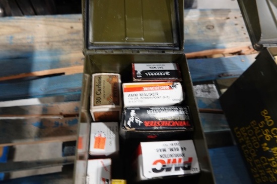 AMMO CAN W/PARITAL BOXES 357 SIG, 243 WIN, 44 REM, 8MM, 30 CAL, 270 VIN & 9MM