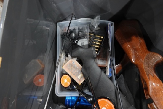 TUB W/RIFLE PARTS, SCOPE PARTS, TOOLS, FLASHLIGHT & CHAMPION TARGET