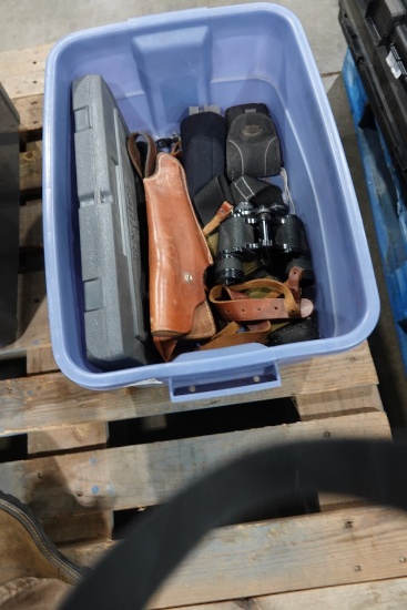 TUB W/TACTICAL BELT, HOLSTERS, GUN CASE & BINOCULARS