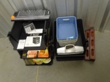 MISC OFFICE EQUIPMENT BINS, PAPER CUTTER, HOLE PUNCH & COASTERS