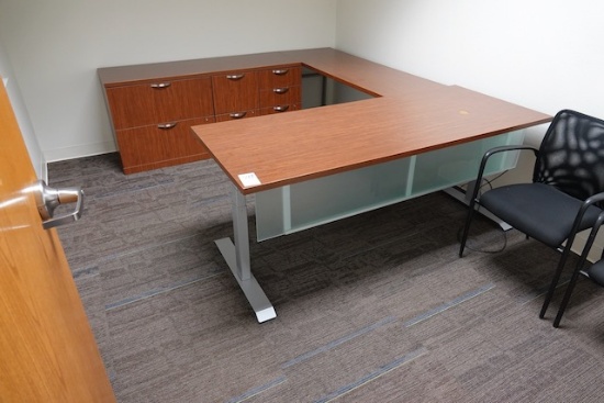 OFFICE CONTENTS, ADJUSTABLE HEIGHT DESK, CREDENZA, CHAIRS & DRY ERASE BOARD X1