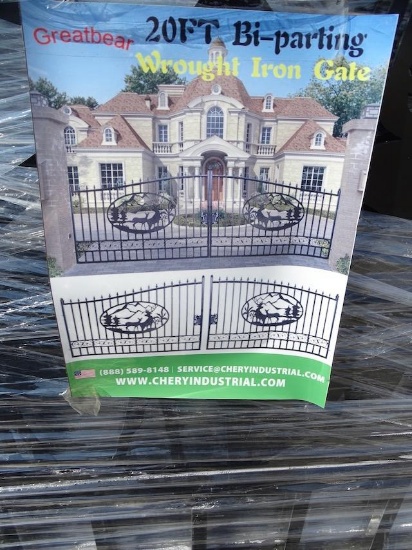 NEW GREATBEAR 20' BI-PARTING WROUGHT IRON GATE WITH ARTWORK "DEER" IN THE MIDDLE OF GATE FRAME