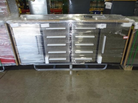 NEW CHERRY INDUSTRIAL S/S 7' WORK BENCH W/10 DRAWERS, 2 CABINETS, 87X23X39" DRAWERS