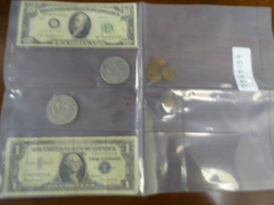 1 $1 SILVER CERTIFICATE, 1 $10 DOLLAR BILL,1 EISENHOWER (BI-CENTENNIAL) DOLLAR,
